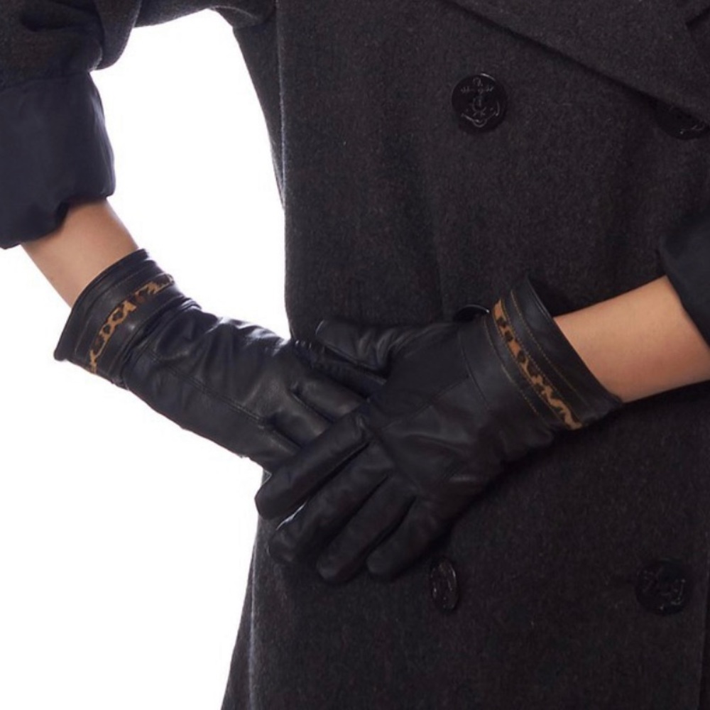 Etouch Leather Gloves with Leopard Trim E-touch